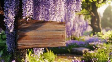 Blank wooden trunk board for label information important in white wisteria flower botanical field garden photo