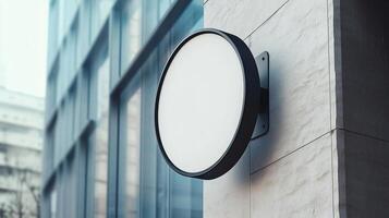 Mockup white and black frame circular signboard store display identity in wall building photo