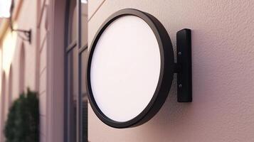 Mockup white and black frame circular signboard store display identity in wall building photo