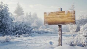 Wooden brown plank sign in winter road guiding direction of destination photo