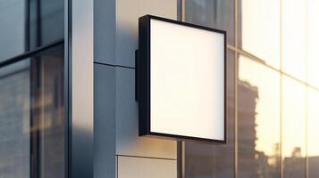 Mockup black frame square signboard store display identity in wall building photo