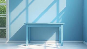 Empty table and blue glass window background with shadow sun bright photo