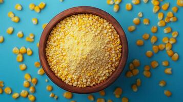 Corn flour on brown wooden bowl and some corn vegetable for food, gluten free copy space photo