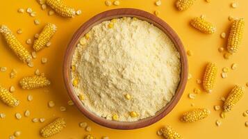 Corn flour on brown wooden bowl and some corn vegetable for food, gluten free copy space photo