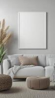 White blank frame mockup and whitewall and wooden floor living room story portrait background photo