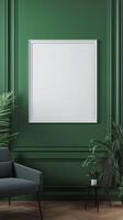 White blank frame mockup and green wall and wooden floor living room story portrait background photo