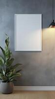 White blank frame mockup and grey wall and wooden floor living room story portrait background photo