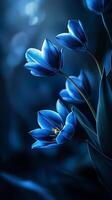 Captivating blue tulip flower dramatic photo effect dark deep blurred background portrait style