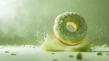 Sweet sprinkle of powdered green tea topping donut fries snack food flying for tea time photo