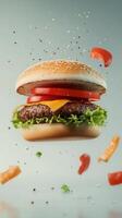 Burger flying with lettuce, cheese, beef, bun bread and chili on solid background photo