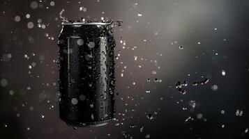 Black plain soda can fly in water with bubble, liquid cylinder container drink photo