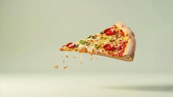 Pizza with cheese and sausage slice flying on solid background photo