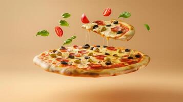 Pizza with cheese and sausage slice flying on solid background photo