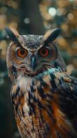 Owl bird on tree closeup portrait with blurred background green forest photo
