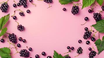 Flat lay circular arrangement of blackcurrants vegetable fruit for natural ingredient, copy space photo