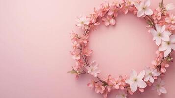 Hoops flower gardening blossoming circular arrangement copy space on center pink background photo