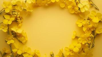 Circular arrangement of canola yellow flower copy space on center background photo