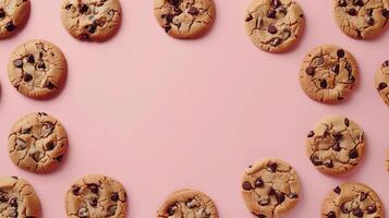 Circular arrangement of Chocolate chip cookies sweet snack, copy space pink background photo