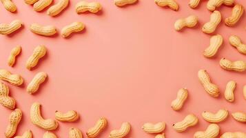 Circular arrangement of peanuts natural agriculture, copy space solid pink background photo