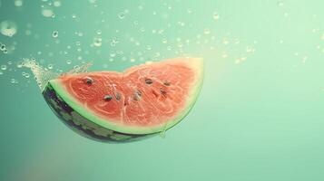 Watermelon fruit flying in water with bubble, organic botanical gardening real food photo