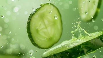Cucumber slices vegetable flying in water with bubble natural organic gardening photo