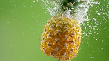 Pineapple fruit flying in water with bubble, organic botanical gardening real food photo