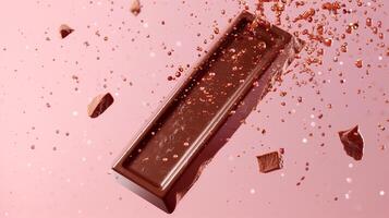 Brown chocolate bar flying in water with bubble sweet snack product promotion photo