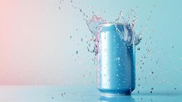 Blue drink tin blank container in water with splashing bubble for mockup promotion product photo