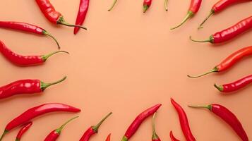 Red chili pepper circular arrangement copy space blank center, organic natural seasoning photo