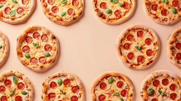 Pizza mini meal flat dought bread with sausage, mint and mozarella copy space pink background photo