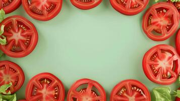 Tomato organic fresh vegetable seasoning copy space in middle and green background photo