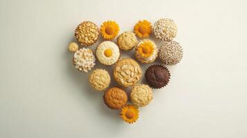 Sweet cupcake cream cake are arranged in a heart-shaped arrangement flat lay view photo