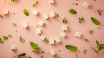 Tofu soybean extract natural ingredient for cooking circular arrangement in pink background photo