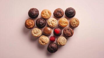 Sweet cupcake cream cake are arranged in a heart-shaped arrangement flat lay view photo