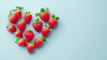 Strawberry red fruit arranged in the shape of a heart copy space blank background photo