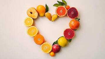 Some fruits are arranged in a heart-shaped arrangement copy space photo