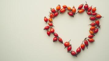 Rosehip fruit arranged in the shape of a heart copy space blank background photo