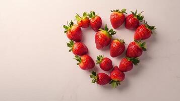 Strawberry red fruit arranged in the shape of a heart copy space blank background photo