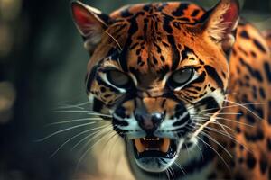 A close up of a leopard with its mouth open photo