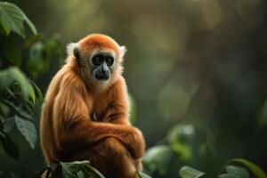 A red - headed gibbon monkey in the jungle photo