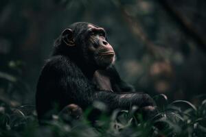 A chimpan is sitting in the grass photo