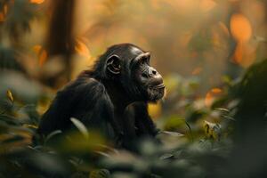 A chimpan is sitting in the woods photo