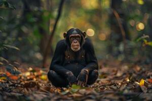 A chimpan is sitting in the woods photo