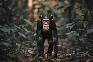 A chimpanzee is walking through the woods photo