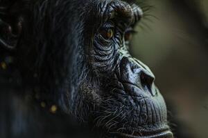 A close up of a chimpan's face photo