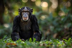 A chimpanzee sitting in the grass photo