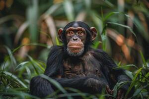 A chimpanzee sitting in the grass photo