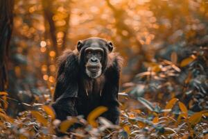 A chimpanzee in the forest at sunset photo