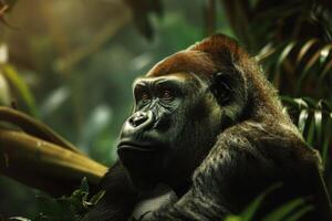A gorilla is sitting in the jungle photo