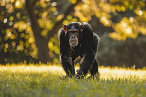 A chimpan is walking across a grassy field photo